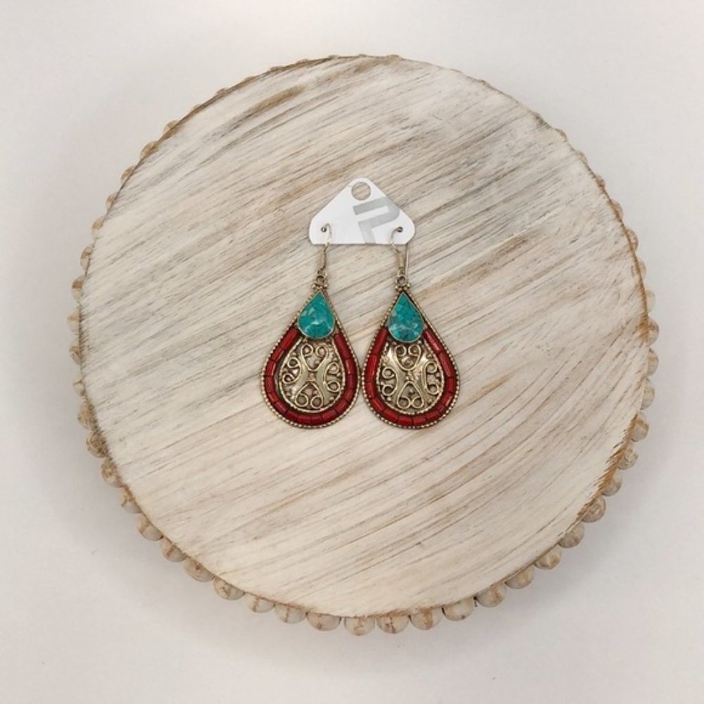 Hand Made Teal/Turquoise Tear Drop Earrings - Picture 2 of 5